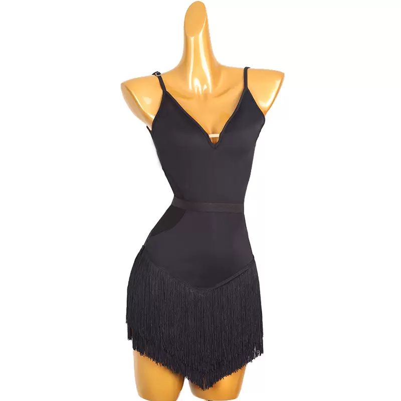 Customisable-Women's Black Tassel V-Neck DanceWear Dance Dress Perform ...